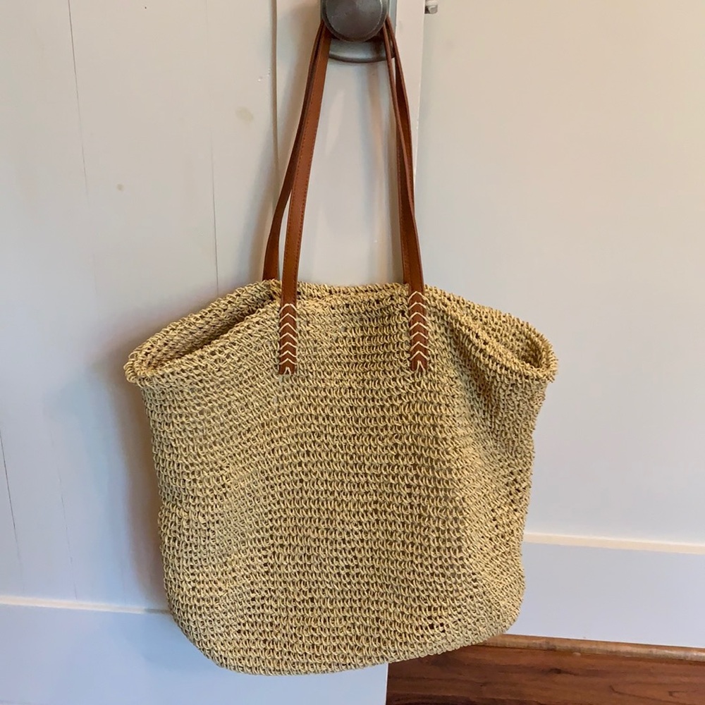 Raffia tote vegan leather straps by olive street